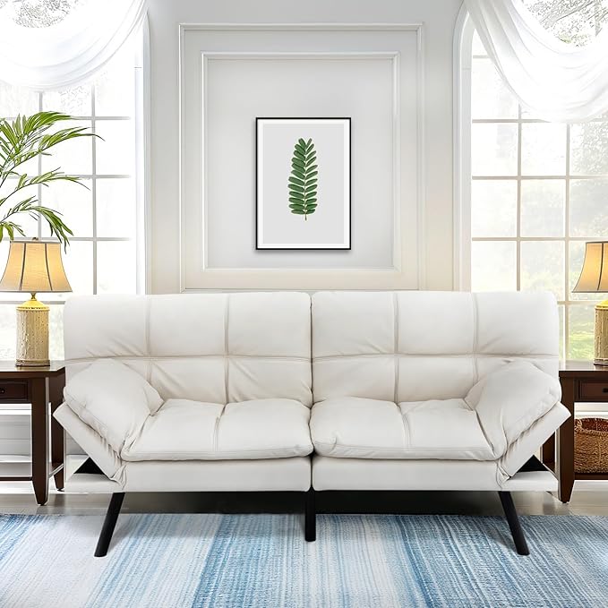 MUUEGM 71 Futon Sofa Bed Convertible Couch Filled with Memory Foam Modern Loveseat with Adjustable Backrest&ampArmrest Sofas for Living RoomGame RoomDormitoryOffice.White Leather