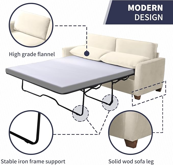 iJuicy Full Size Pull Out Couch Velvet Sofa With Foam Mattress 2-in-1 Sleeper for Living Room Apartment Small Spaces (Beige)