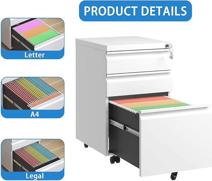 3 Drawer Metal File Cabinet with Lock Under Desk Filing Cabinet with Wheels Rolling for Home Office Fit A4/Letter/Legal File Fully Assembled White