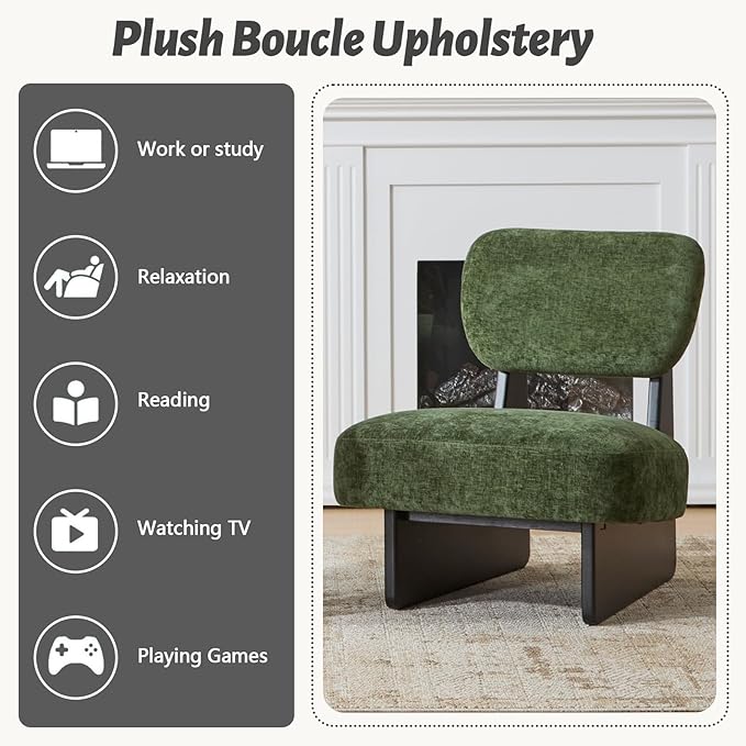 Green Accent Chair Set of 2 for Small Spaces Armless Accent Chair for Bedroom Side Chairs &amp Comfy Chairs for Living Room Wood Base Comfy Cushion Bedroom Office (Black+Green)