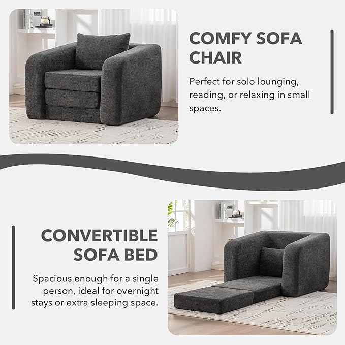 Convertible Sofa Bed Chenille Upholstered Pull Out Sofa Bed with Pillows 2-in-1 Sofa Chair with Minimalist Design Comfy Folding Mattress Couch for Apartment (Gray Single Sofa Bed)