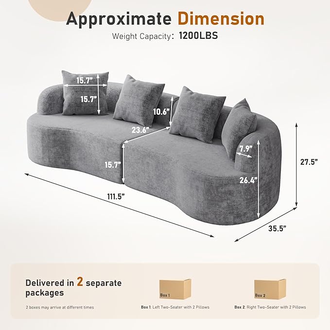 Furnimart 112 Curved Couches for Living Room Modern Chenille 4-Seater Sectional Sofa Deep Seat with 4 Throw Pillows Plush Modular Couch No Assembly Needed Dark Grey