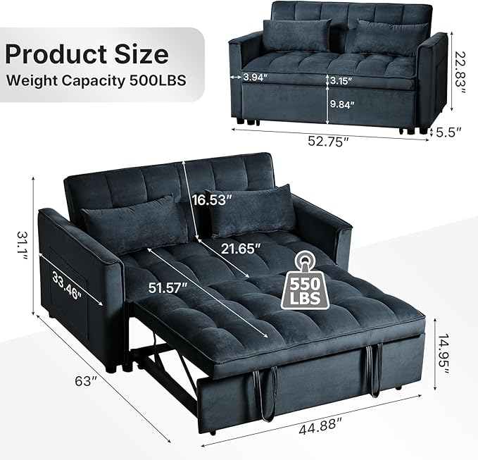 Rovibek 3 in 1 Sleeper Sofa Bed 53'' Pull Out Couch Convertible Futon Loveseat with Adjustable Backrest Velvet Sleeper Chaise Lounge Futon for Apartment Office Small Space Black