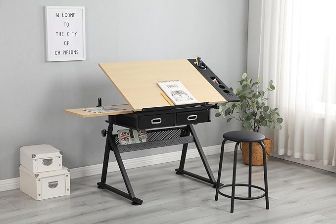Adjustable Drawing Table Desk with 2 Drawers for Home Office and School with Stool(Wood)