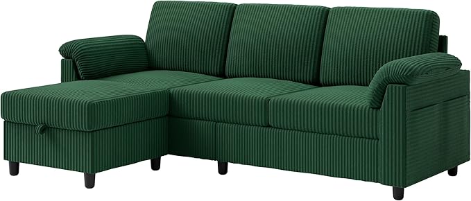Vongrasig Convertible Sectional Couch 3 Seat L Shaped Sofa with Removable Pillows Linen Fabric Small Modern Couch Mid Century for Living Room Apartment and Office Green