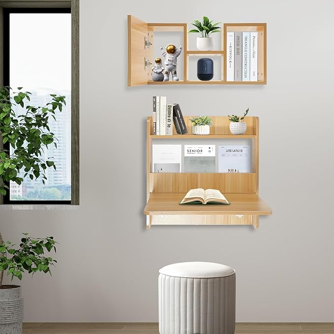 LOYALHEARTDY Wall-Mounted Computer Desk Floating Office Desk with Foldable Tabletop Fold-Up Desktop Writing Desks with Shelves &amp Storage for Home Office and Study Small Spaces (Light Walnut)