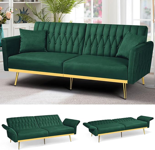 70” Velvet Futon Sofa Bed w/Adjustable Backrests and Armrests Convertible Futon Couch with 2 Pillows Modern Tufted Sleeper Bed for Living Room BedroomGreen