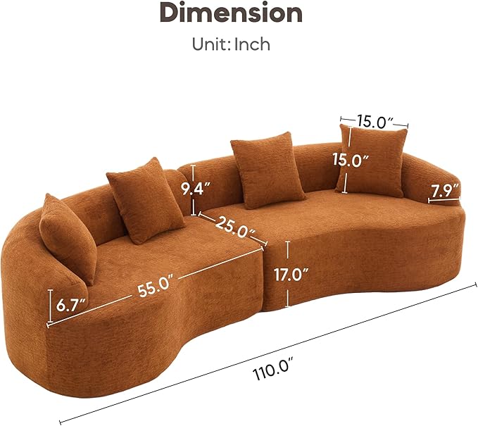 Yoglad 110‘’ Boneless Curved Sofa Modern Cloud 4-Seater Floor Couch Minimalist Compression Sofa for Living Room Apartment Studio Office No Assembly Needed(Chenille Orange)