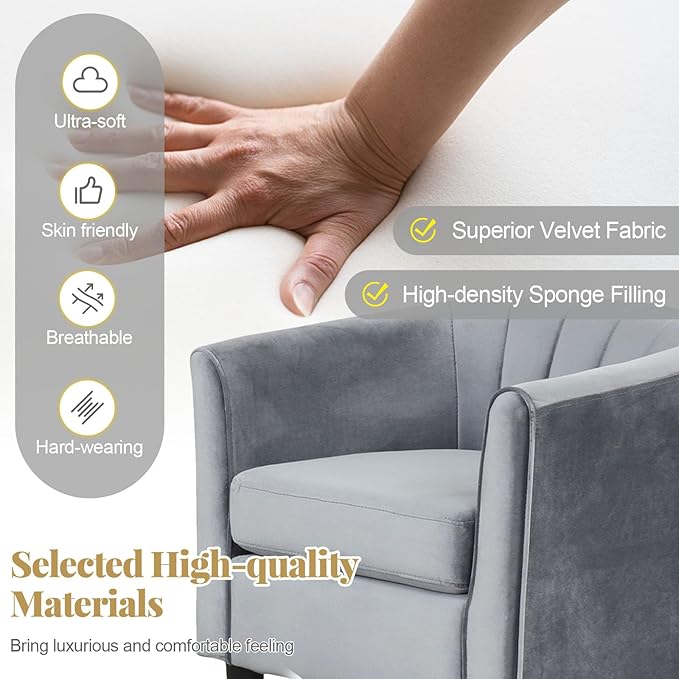 GOFLAME Accent Chair with Ottoman Modern Velvet Fabric Barrel Chair with Footrest Curved Backrest Removable Seat Cushion Upholstered Club Tub Sofa Reading Armchair for Living Room Bedroom Gray