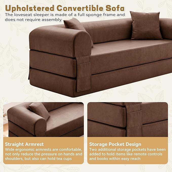 Convertible Sleeper Sofa Bed78.5 Inch Faux Leather Futon Couch with Pillows &amp Storage Pocket5-in-1 Folding Sofa Bed Queen with Pull Out BedsBoneless Couches for Living RoomCouch in a BoxBrown