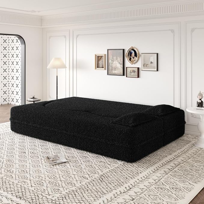 Convertible Sofa Bed Full Size｜78 Sleeper Couch with 2 Pillows｜Boucle Fabric Folding Sofa Bed｜High-Density Foam｜No Assembly｜Space-Saving｜for Living Room Guest Room｜Black