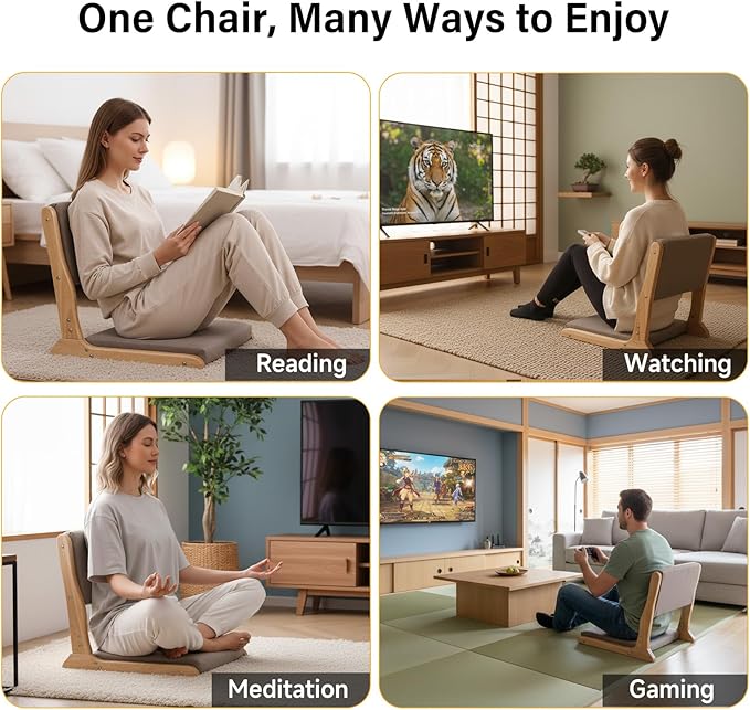 Tiita Floor Chair with Back Support Foldable Meditation Tatami Chairs Backrest Chair with Cushion Living Room Chair Seat 4 Pack Wood Grey
