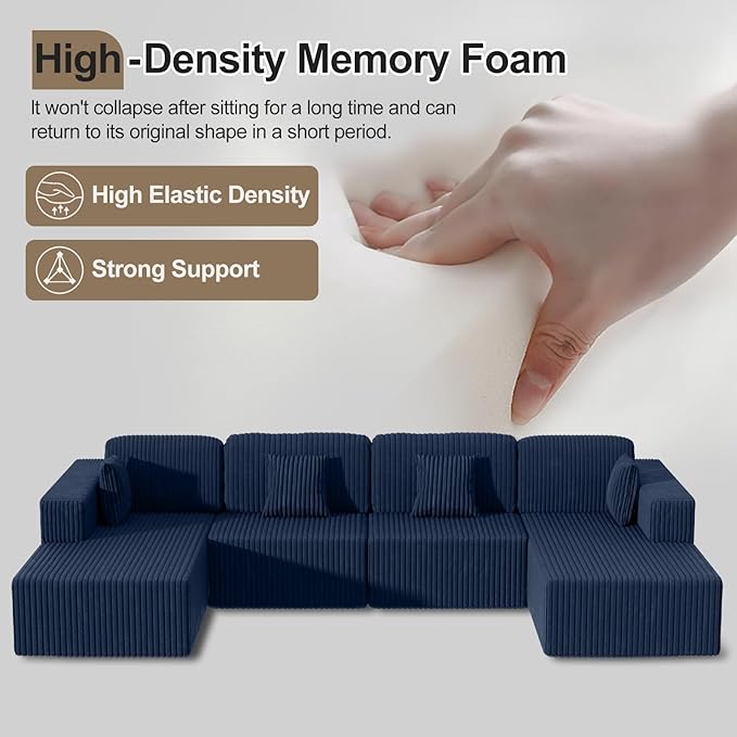 132 U Shaped Couch Oversized Modular Sectional Sofa with Chaise Corduroy U Shaped Couch with Deep Seat Boneless Couches for Living Room No Assembly Required Blue