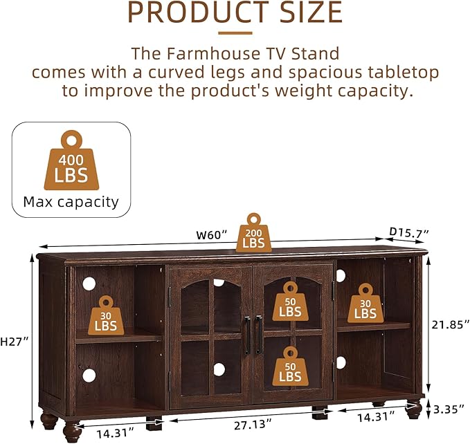 Farmhouse TV Stand for 60 Inch TV Wood Entertainment Center with Glass Door Storage Cabinet &amp Adjustable ShelvesTelevision Stands for 65 TVS TV Console Table for Living RoomBedroomWalnut
