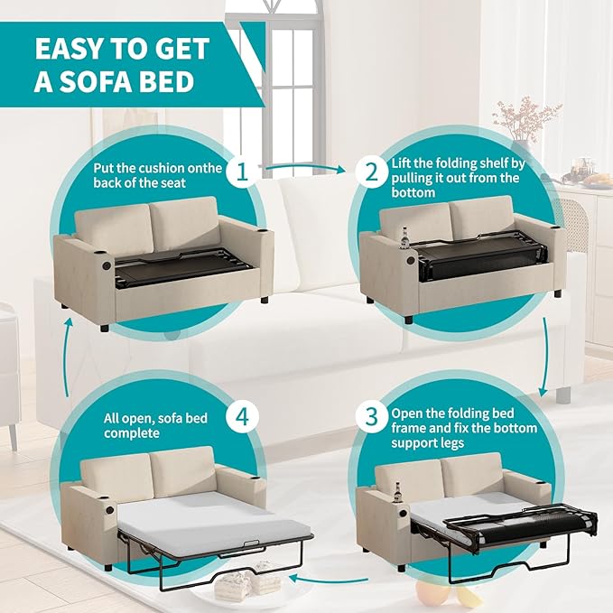 BALUS Pull Out Sofa Bed Full Size Sleeper Sofa Couch with USB Ports 2-in-1 Convertible Pullout Couchs with 2 Cup Holders &amp Memory Foam Mattress for Living Room Guest Room ApartmentWhite