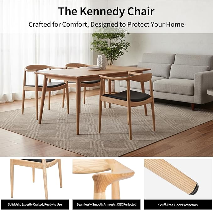 Tomile Hans Wegner Kennedy Chair Mid Century Modern PU Leather Dining Armchair with Comfortable Curved Backrest Solid Ash Wood Frame Fully Assembled for Kitchen Dining Room Office (Natural)