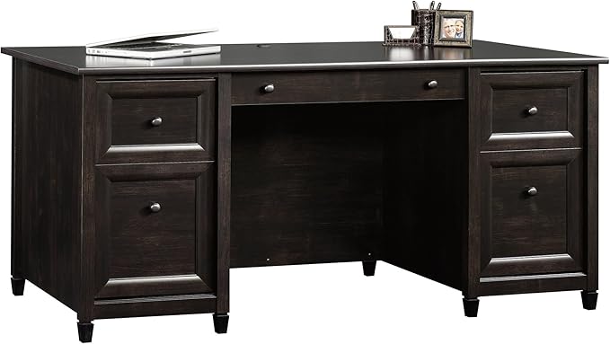 Sauder Edge Water Executive Desk Double Ped Desks Roomy Workspace - Estate Black Finish