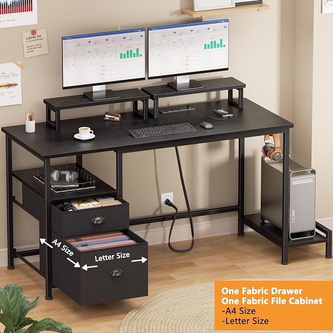 Furologee 47 Computer Desk with File Cabinet and Power Outlets Home Office Desk with 2 Monitor Stands and Storage Drawer Gaming Table with Shelves and 2 Hooks for Bedroom Black