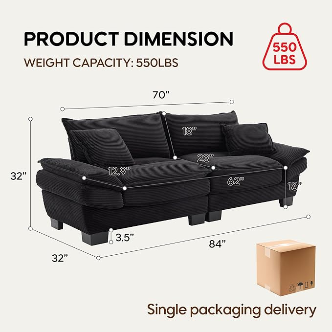 Modern 84 Corduroy Loveseat Sofa Ultra-Comfy Couch with 2 Pillows for Apartment Living Room Bedroom Home Office (Black)