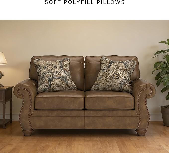 Signature Design by Ashley Shadsburne Rustic Faux Leather Loveseat with Nailhead Trim and 2 Throw Pillows Brown