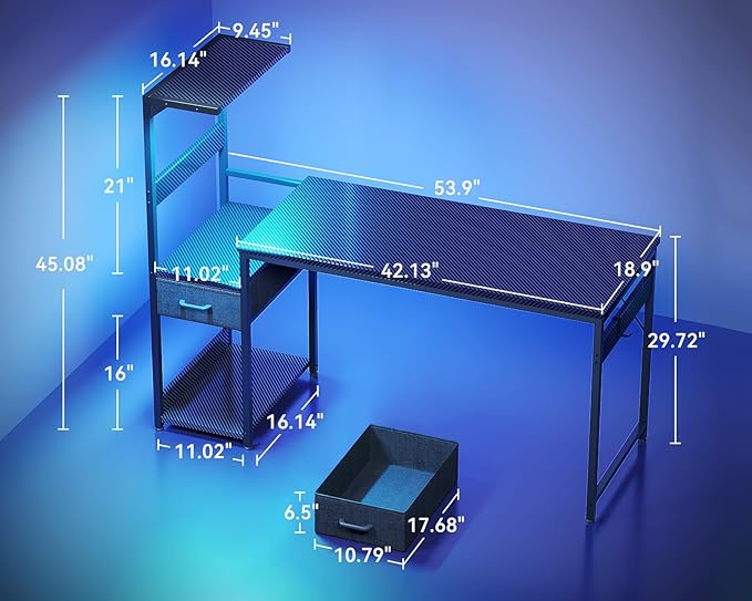 Casaottima 54 Inch Gaming Desk with Storage &amp LED Lights Reversible Computer Desk with Display Shelves &amp Fabric Drawer Modern Gamer Desk Table with Side Headphone Hook Carbon Fiber Black