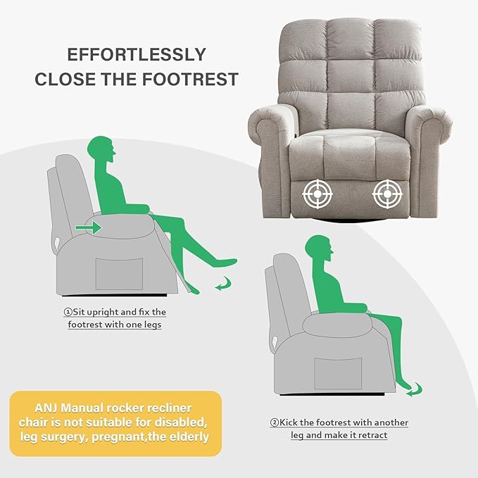 ANJ 360°Swivel Rocker Recliner Chair with Massage and Heat Manual Overstuffed Oversized Swivel Recliners for Big Man Large Glider Rocking Reclining Chairs for Nursery Living Room Beige 2PCS