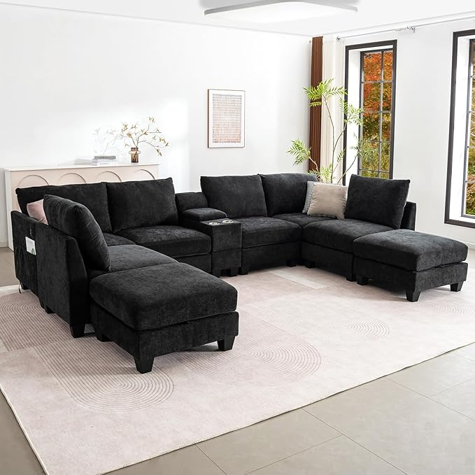 136.4 Modular Sectional Sofa U-Shaped 8 Seater Sectional Sofa with Storage Ottoman Linen L-Shaped Couch Large Cloud Couch with Cup Holders &amp USB for Living Room（Black