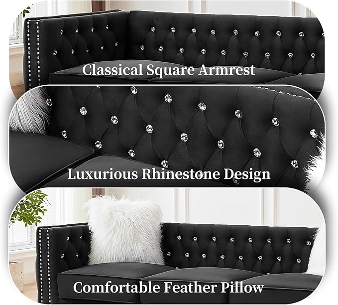 83 Chesterfield Sofa Velvet Mid-Century Modern Upholstered Couch with 2 Throw Pillows and Acrylic Legs Nailhead Button Tufted Vintage Sofa for Living Room Apartment Office Black