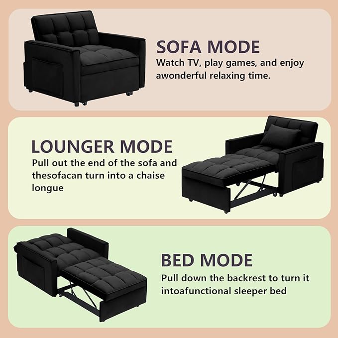3 in 1 Convertible Sleeper Sofa Chair Modern Pull Out Couch Bed Single Recliner with Adjustable Back Velvet Futon Folding Sofa Bed Chair for Living Room Bedroom Small Spaces (Black)