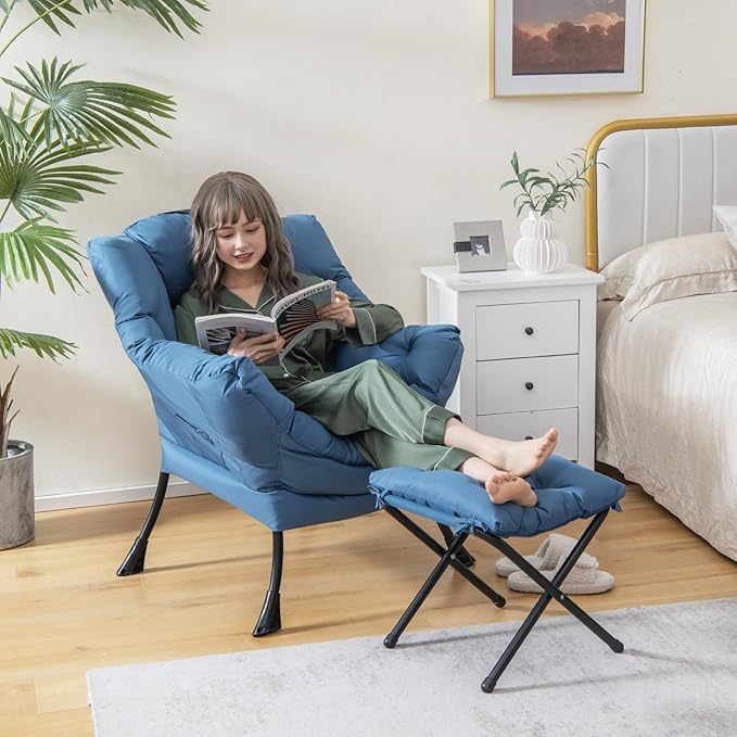 RELAX4LIFE Lazy Chair with Foldable Ottoman - Modern Lounge Accent Chair w/Armrests &amp Side Pocket Upholstered Leisure Sofa Armchair with Footrest for Reading Living Room Bedroom Dorm (Blue)