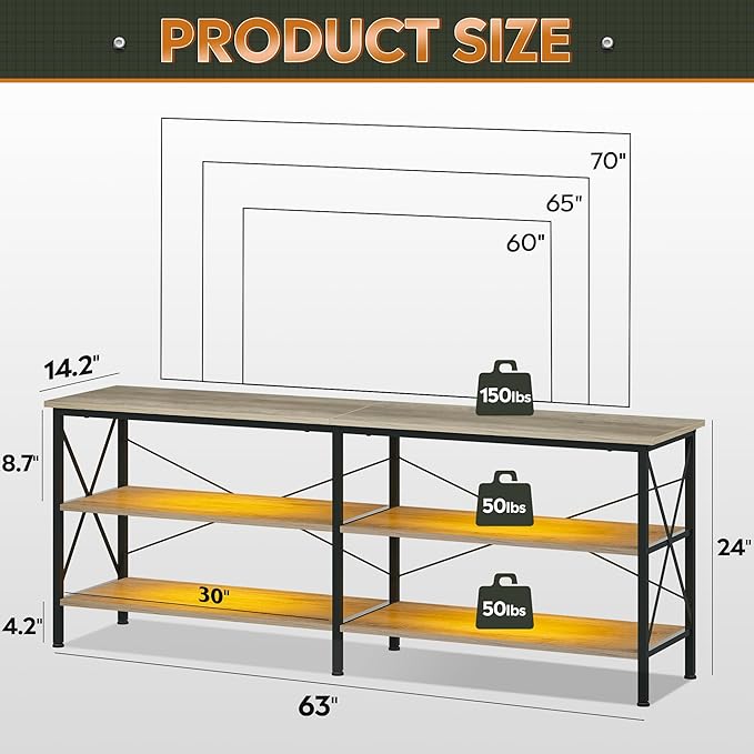 WLIVE TV Stand up to 70 Inch TV 63 Entertainment Center with LED TV Media Console with 3-Tier Storage Shelves for Living Room and Bedroom Greige