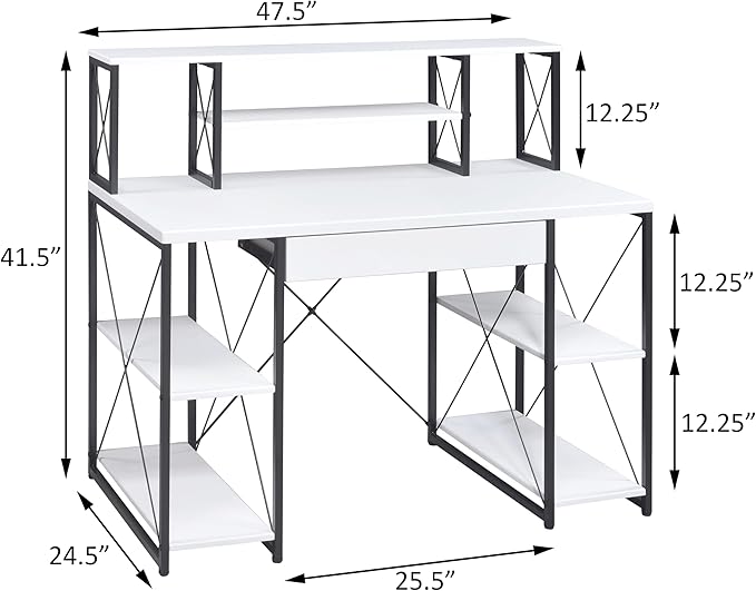 White and Black Office Desk with Open Shelves