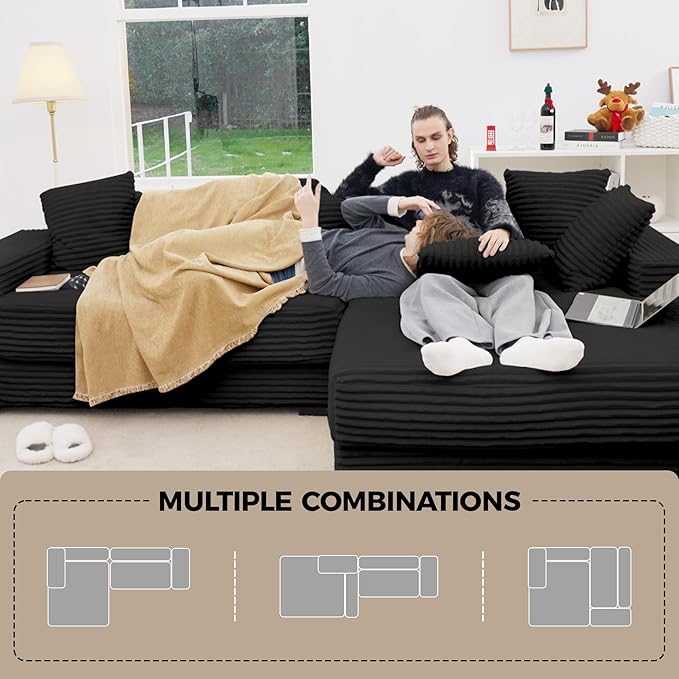 111'' Modular Sectional Cloud Couches with Chaise L Shaped Extra Large Sleeper Couch Reversible Fluffy Corduroy with 8pcs Pillows for Living Room(Black Right Facing Chaise)