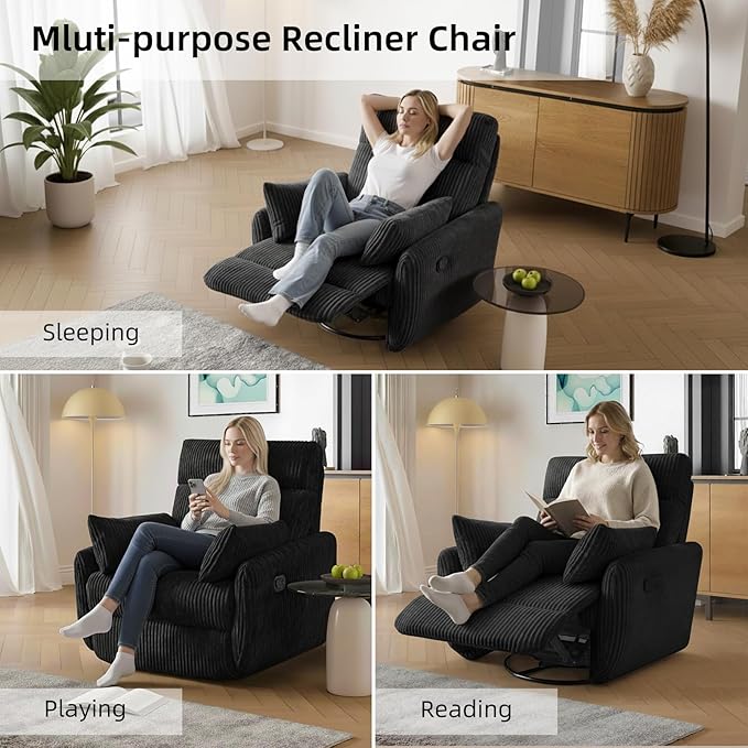 Swivel Recliner Chair for Adults Corduroy Nursery Glider Rocking Chair Armchair with 2 Pillows Comfy High Back Reclining for Small Spaces Nursery Bedroom Living Room (Corduroy Black 1 Pack)