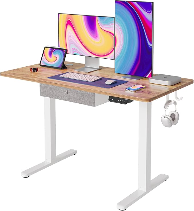 FEZIBO Standing Desk with Drawer: 48 x 24 Electric Height Adjustable with Storage Ideal for Home Office as an Ergonomic Computer Desk Light Rustic Brown