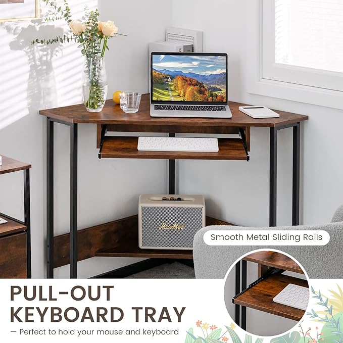 MEDIMALL Triangle Computer Desk Small Corner Writing Table with Power Outlets Keyboard Tray &amp Storage Shelf Strong Metal Frame Home Office Workstation Gaming Desk for Small Spaces Rustic Brow