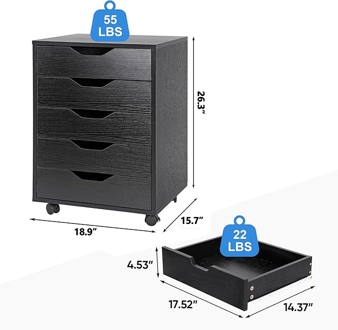 SUPER DEAL 5 Drawer File Cabinet for Home Office Wood Under Desk Filing Cabinet Mobile Printer Stand Rolling Storage Organizer with Lockable Casters for Apartment Small Spaces Black