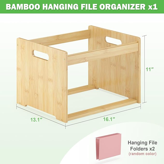 Hanging File Organizer Box for Letter Size Bamboo File Folder Organizer Storage Moving Boxes with Handle Wood Desk Filing Box for Office Banker Document