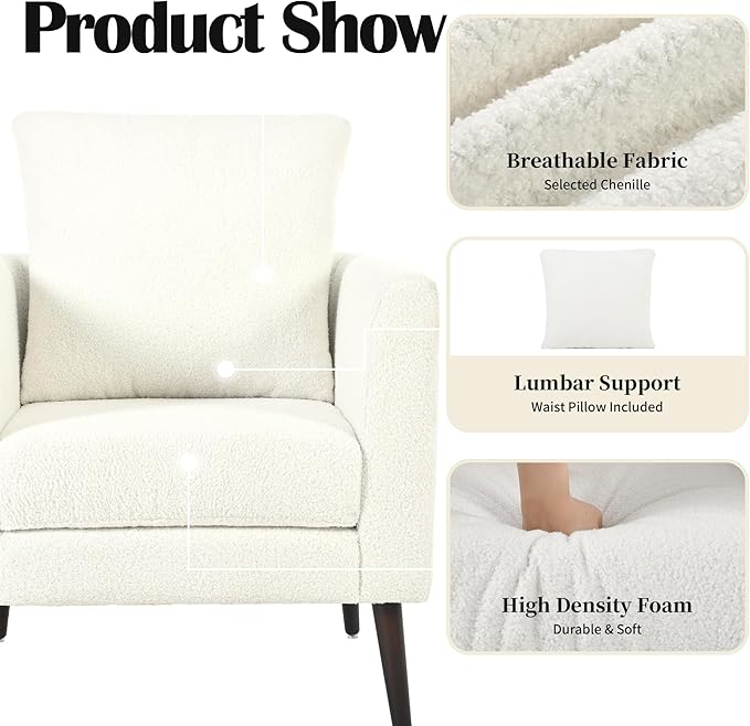 Modern Upholstered Accent Chair Mid-Century Lounge Armchair with Pillow Comfy Reading Side Accent Chairs Single Sofa Chair with Wood Legs for Living Room Bedroom (White+Teddy)