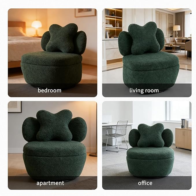 360° Swivel Accent Chair with Storage Compartment – Teddy Velvet Upholstered Armchair with Ergonomic Cushion Scratch-Resistant Fabric 300 lbs Capacity for Living Room Bedroom &amp Nursery Green