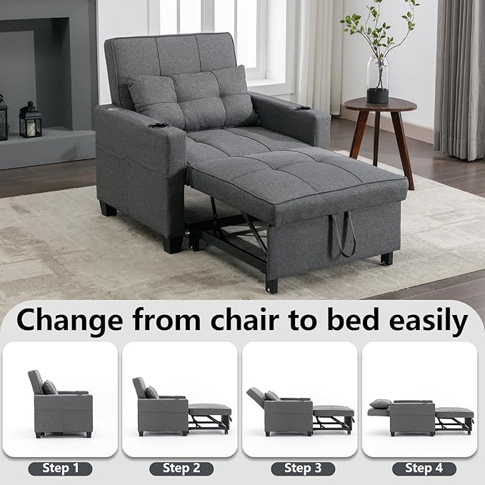 Sleeper Chair Bed Convertible Chair Bed Pull Out Chair Beds with USB Charging &amp Cupholders Adjustable Backrest Leather Futon Chair Bed for Living Room Bedroom (Grey(Linen))