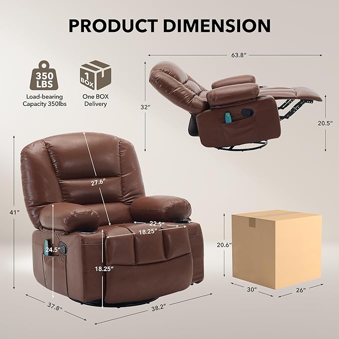 Rocker Recliner Chair with Heat and MassageNursery Recliner 360° Swivel Oversized Chairs for AdultsPU Leathe Lazy Boy Single Sofa Seat with 3 Positions Side PocketsCup Holders for Living Room