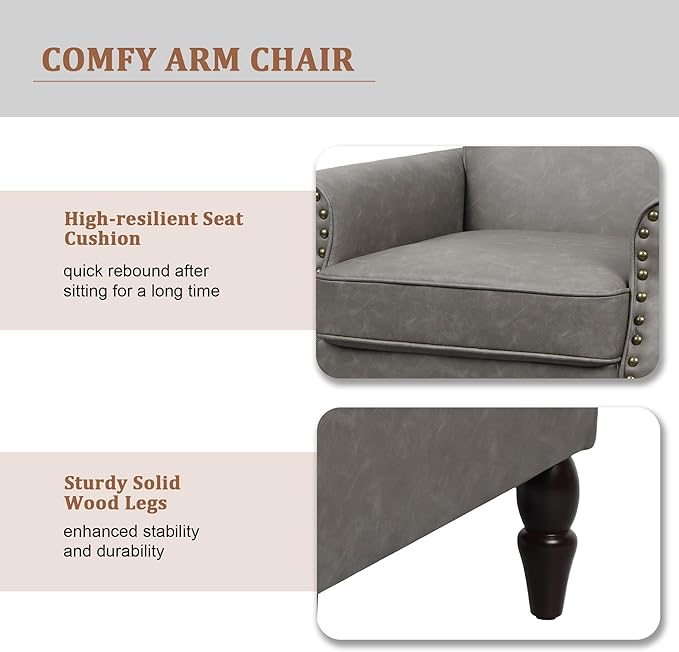 Accent Chair Mid Century Modern Faux Leather Arm Chair with Wood Leg for Living Room Bedroom Comfy PU Leather Club Reading Chairs with Wingback &amp Nailhead Trim (Leather Grey Set of 2)