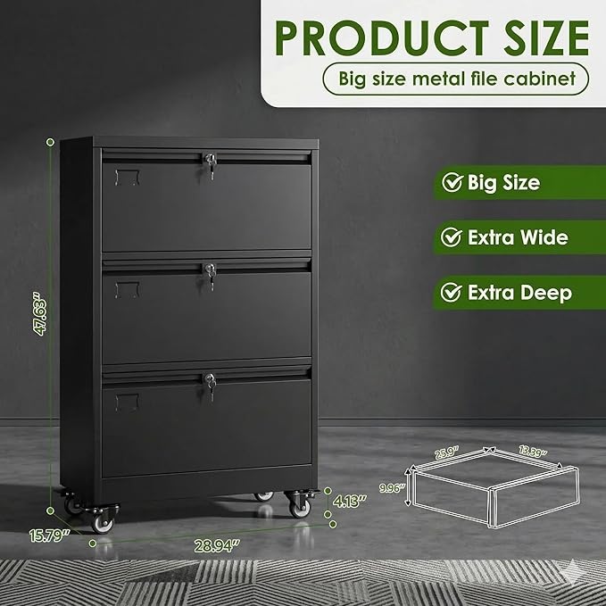 Aobabo 3 Drawer Lateral File Cabinet with Wheels Lockable Metal Filing Cabinet for Home Office Legal/Letter SizeBlackRequired Assembled15.87 D x 28.94 W x47.63 H