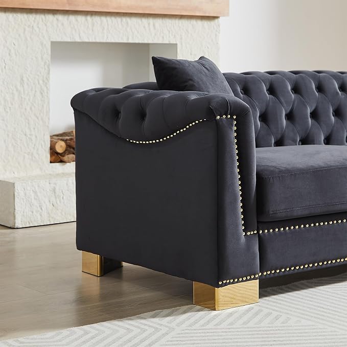 Chesterfield Sofa and Loveseat Set Oversized Mid Century Modern Sofa Couch with Gold Rivet Decoration Cloud Comfy Velvet Upholstered Button-Tufted Couch Set for Living Room Office Black