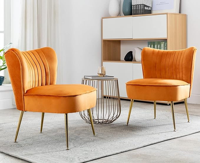 Orange Velvet Accent Chairs Set of 2 with Golden Legs Upholstered Side Chairs Mid-Century Modern Slipper Chairs for Guest Room Comfy Armless Wingback Corner Single Sofa Living Room Chairs