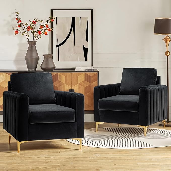 HULALA HOME Velvet Accent Club Chairs Set of 2 Modern Velvet Armchair Upholstered Accent Club Chairs Sofa Chairs with Gold Metal Legs Mid-Century Barrel Leisure Comfy Reading Armchair Black
