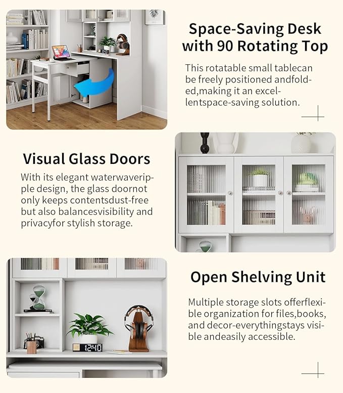 Folding Desk with Storage Space-Saving Foldable Computer Desk with Sliding Glass Doors &amp Pegboard Study Writing Table for Small Spaces Home Office Bedroom Dorm (White)