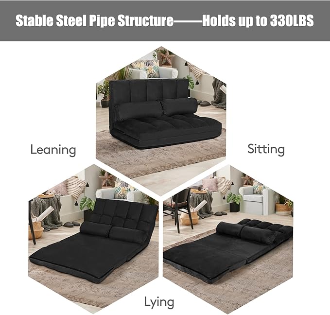 S AFSTAR Convertible Floor Sofa 6-Position Couch with 2 Removable Pillows &amp Thick Sponge Cushion Load 330LBS Adjustable Lazy Sofa Bed for Living Room &amp Bedroom Black