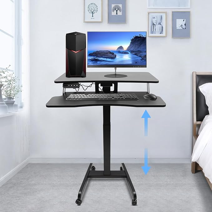 Electric Height Adjustable Standing DeskMobile Standing Desk with Wheels and Keyboard TrayComputer Workstation for Home OfficeBlack